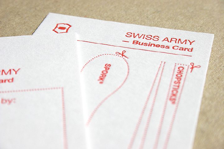 The Swiss Army Business Card, letterpressed in red by Blush Publishing.