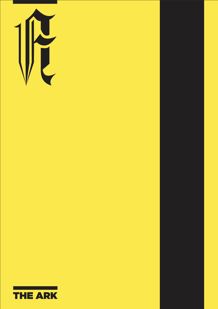 An example Ark front cover, a blackletter A in monochrome on coloured paper.